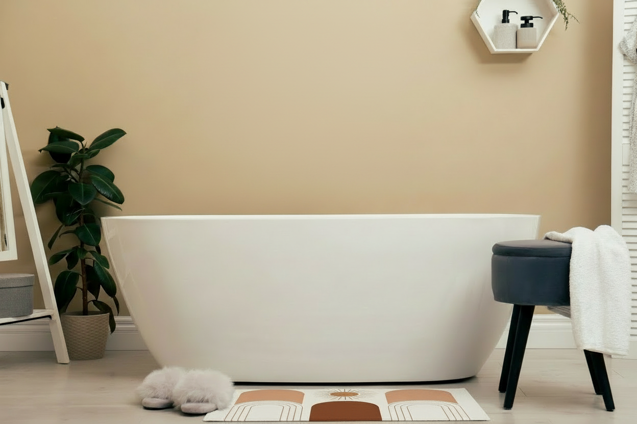 Boho Sun Arch Bath Mat — Neutral Terracotta Abstract Rug for Bathroom