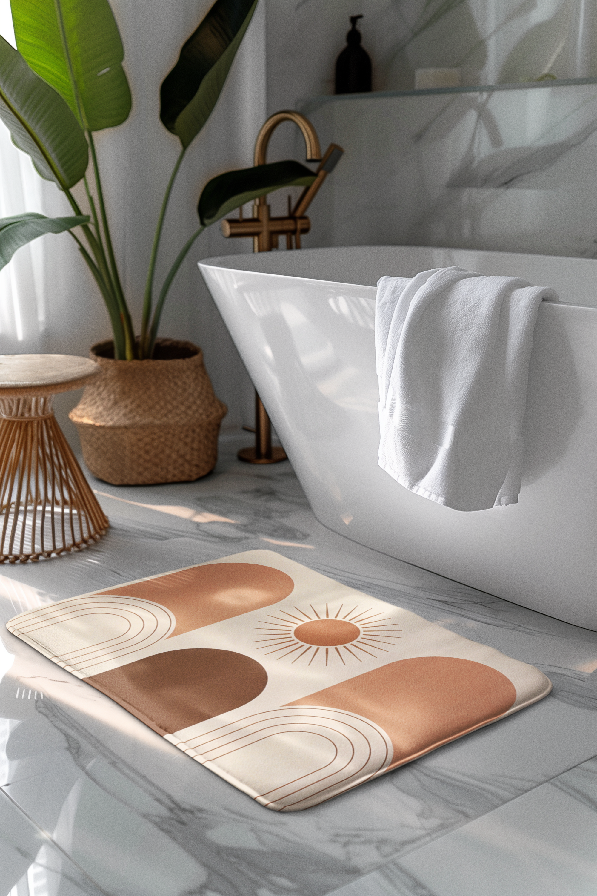 Boho Sun Arch Bath Mat — Neutral Terracotta Abstract Rug for Bathroom