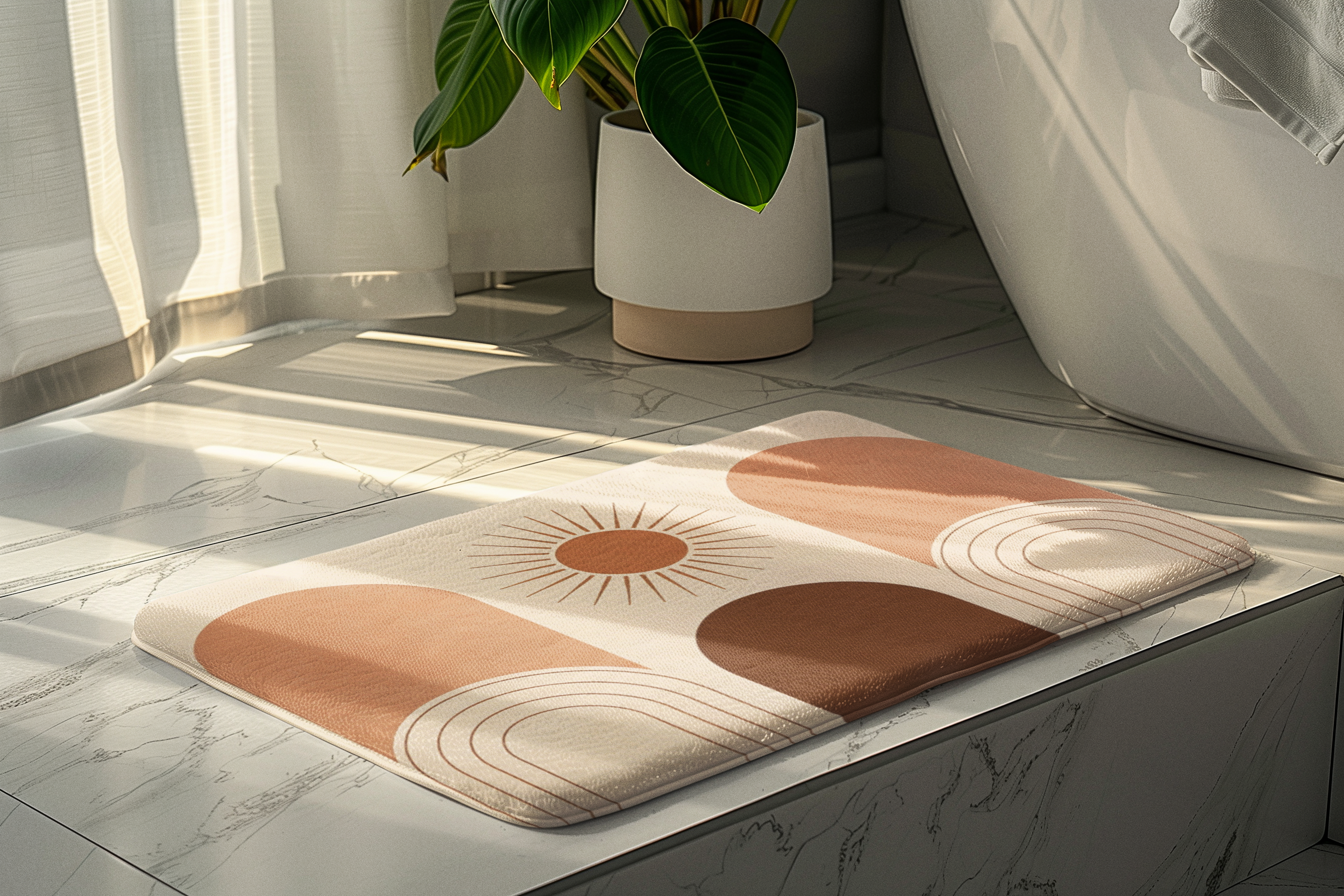 Boho Sun Arch Bath Mat — Neutral Terracotta Abstract Rug for Bathroom